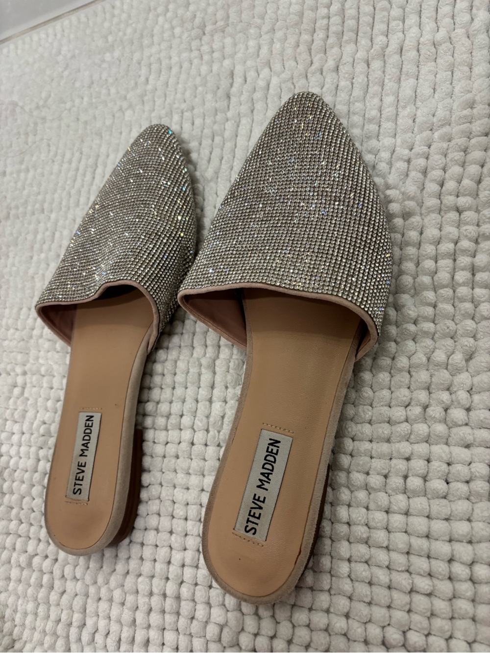 Steve Madden Crystal-Embellished Pointed Mules - Champagne Sparkle